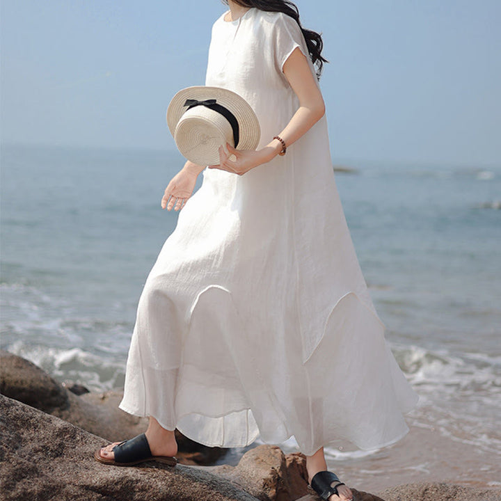 Robe longue en coton et lin à manches courtes et ourlet irrégulier avec Buddha Stones - image 13