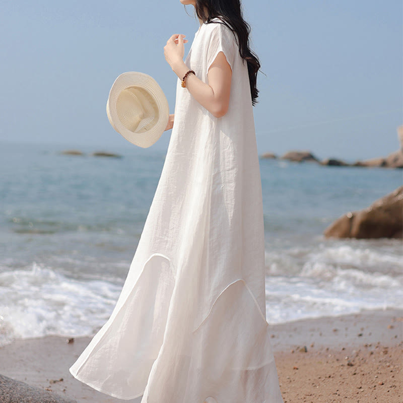 Robe longue en coton et lin à manches courtes et ourlet irrégulier avec Buddha Stones - image 20