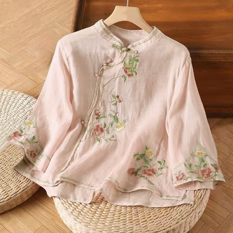 Buddha Stones décontractée en coton et lin pour femme, motif floral brodé vintage, motif grenouille chinoise, col ras du cou, boutons - Rose clair - US12，UK/AU16，EU44 (3XL) - image 7