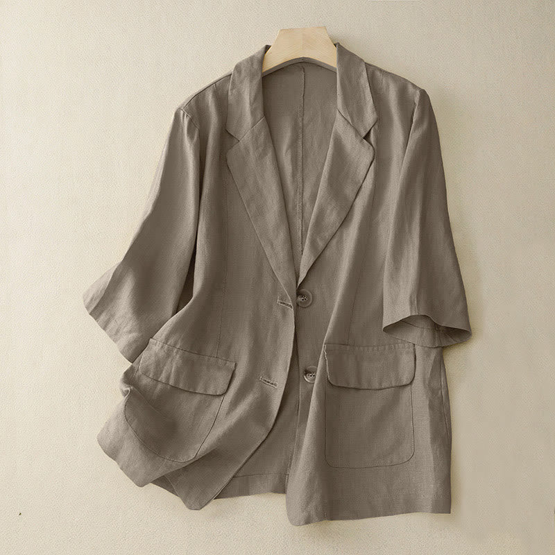 Veste de costume boutonnée en coton à manches trois-quarts et poches pour femme Buddha Stones - Tanné - US8-10，UK/AU12-14，EU40-42 (2XL) - image 1