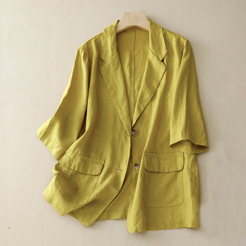 Veste de costume boutonnée en coton à manches trois-quarts et poches pour femme Buddha Stones - Kaki - US8-10，UK/AU12-14，EU40-42 (2XL) - image 5