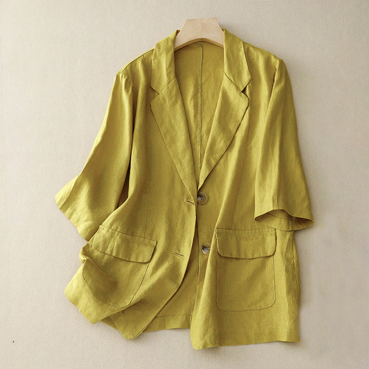 Veste de costume boutonnée en coton à manches trois-quarts et poches pour femme Buddha Stones - Kaki - US8-10，UK/AU12-14，EU40-42 (2XL) - image 5