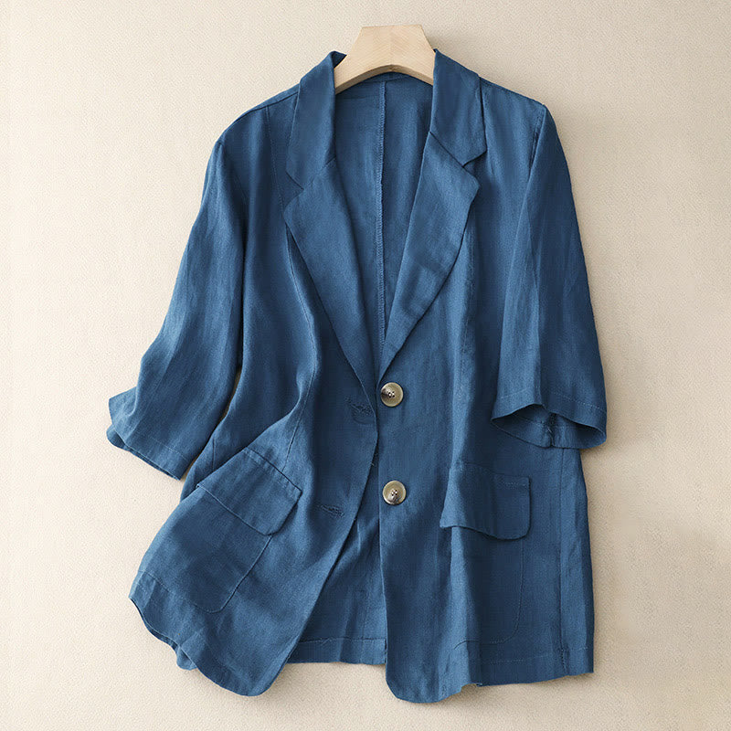 Veste de costume boutonnée en coton à manches trois-quarts et poches pour femme Buddha Stones - Bleu acier - US8-10，UK/AU12-14，EU40-42 (2XL) - image 13