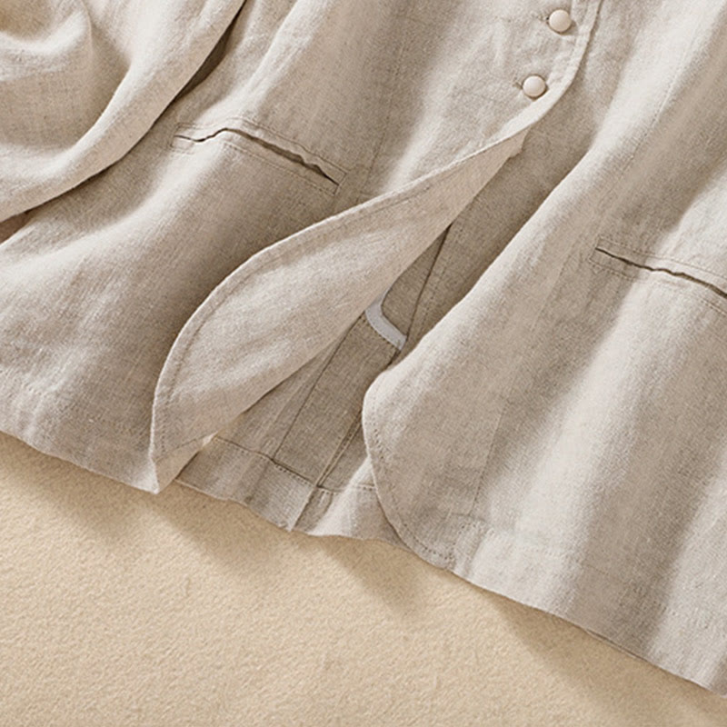 Chemise à manches longues en coton et lin Buddha Stones pour femme, col montant et poches - image 2