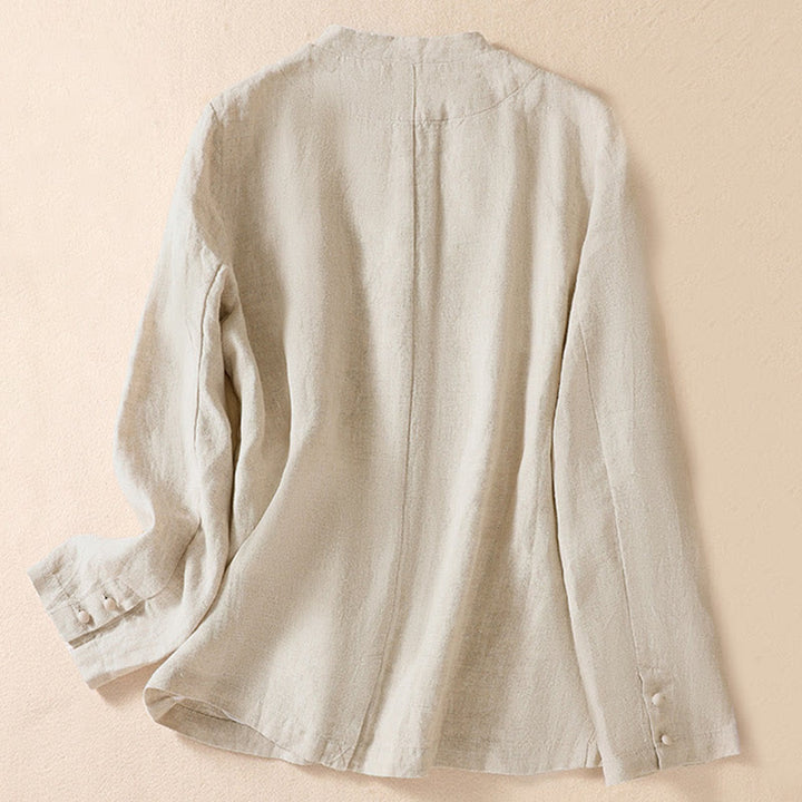 Chemise à manches longues en coton et lin Buddha Stones pour femme, col montant et poches - image 1