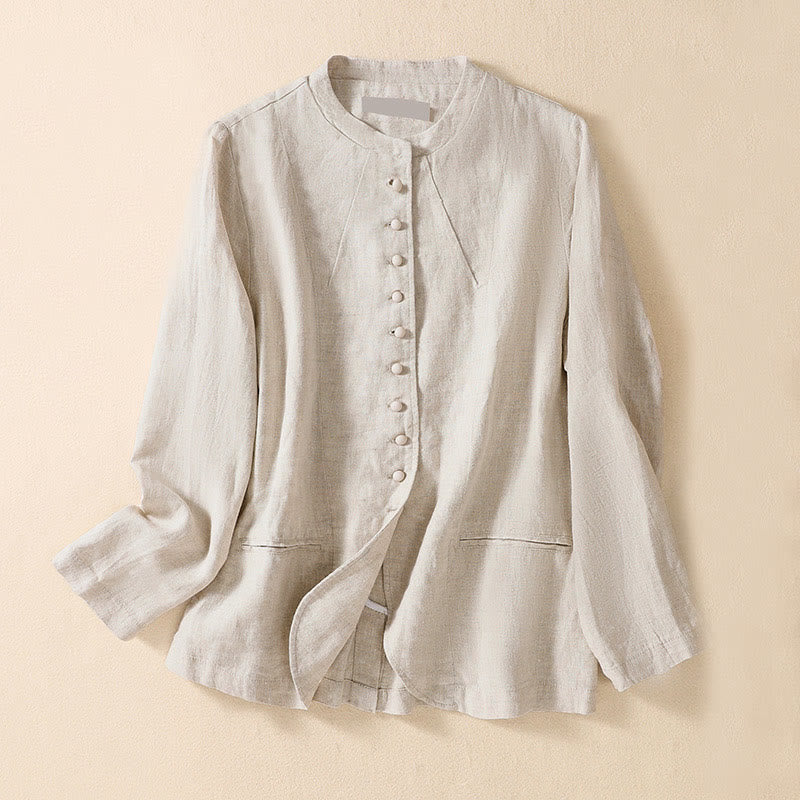 Veste à manches longues et col montant en coton et lin pour femme Buddha Stones avec poches - Beige - US8-10，UK/AU12-14，EU40-42 (2XL) - image 1