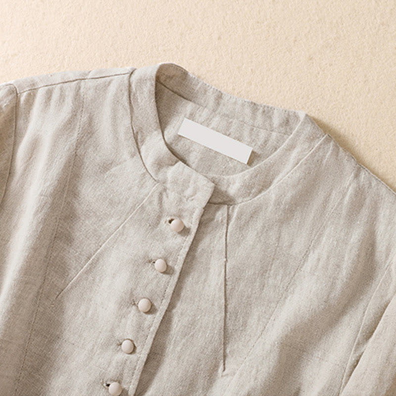 Chemise à manches longues en coton et lin Buddha Stones pour femme, col montant et poches - image 7