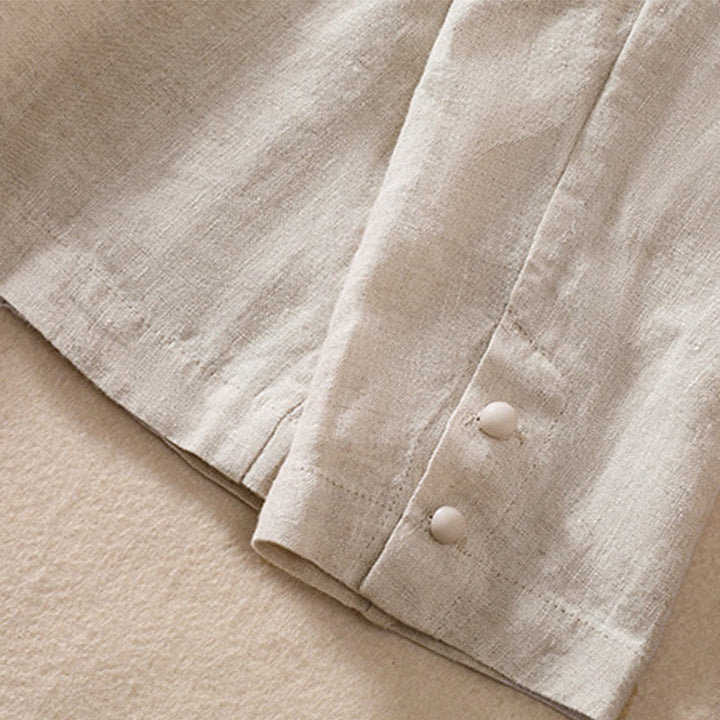 Chemise à manches longues en coton et lin Buddha Stones pour femme, col montant et poches - image 11