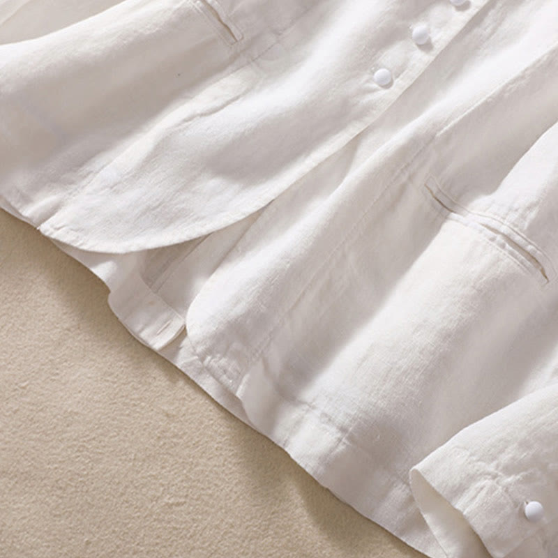 Chemise à manches longues en coton et lin Buddha Stones pour femme, col montant et poches - image 19