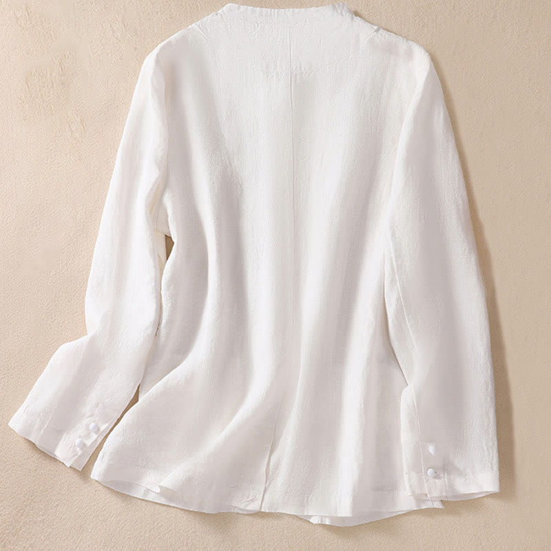 Chemise à manches longues en coton et lin Buddha Stones pour femme, col montant et poches - image 14