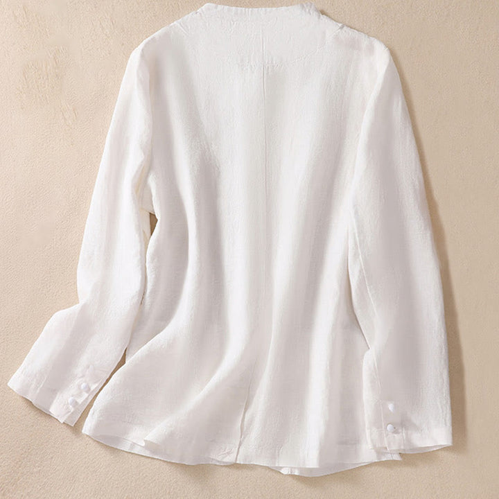 Chemise à manches longues en coton et lin Buddha Stones pour femme, col montant et poches - image 14