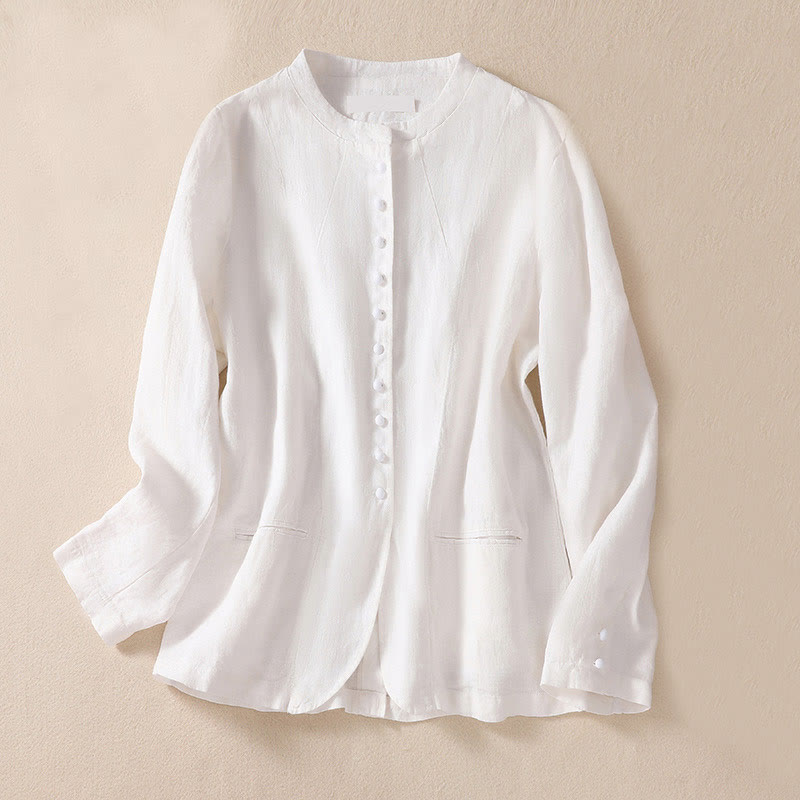 Chemise à manches longues en coton et lin Buddha Stones pour femme, col montant et poches - Blanc - US8-10，UK/AU12-14，EU40-42 (2XL) - image 13