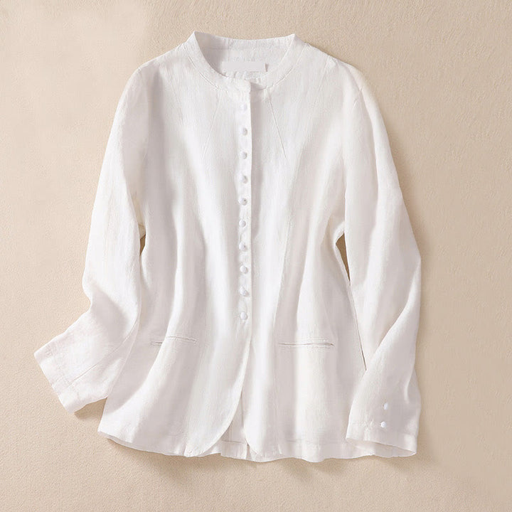 Chemise à manches longues en coton et lin Buddha Stones pour femme, col montant et poches - Blanc - US8-10，UK/AU12-14，EU40-42 (2XL) - image 13