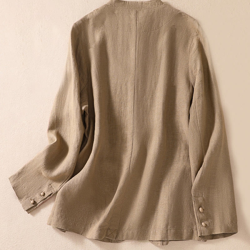 Chemise à manches longues en coton et lin Buddha Stones pour femme, col montant et poches - image 23