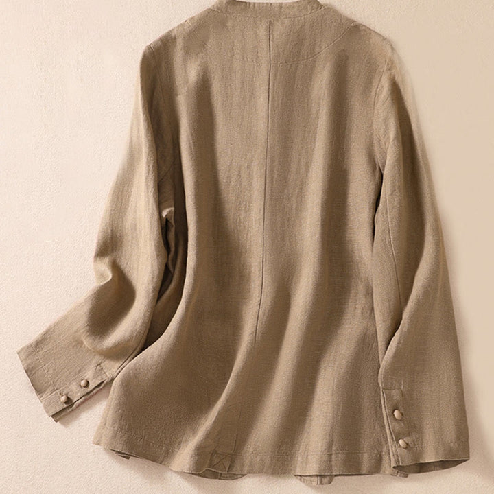 Chemise à manches longues en coton et lin Buddha Stones pour femme, col montant et poches - image 23