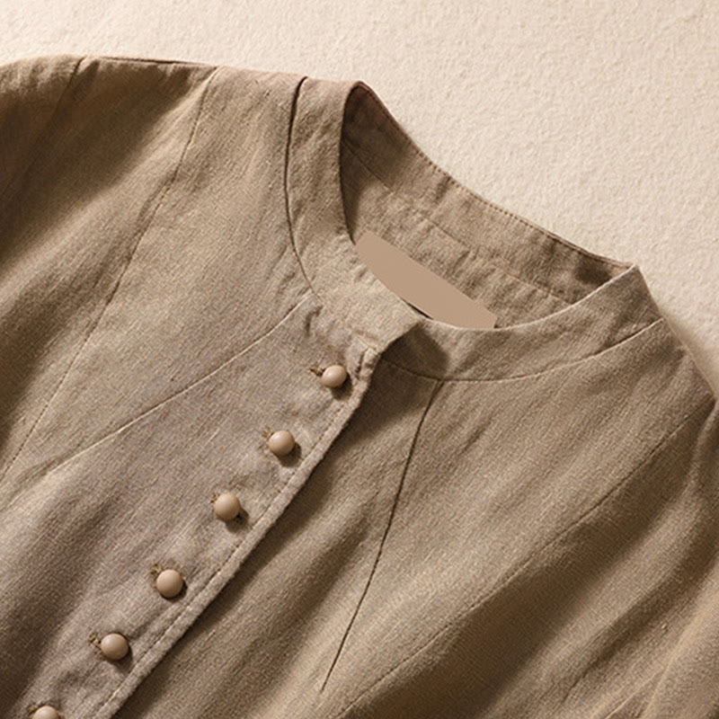 Chemise à manches longues en coton et lin Buddha Stones pour femme, col montant et poches - image 28