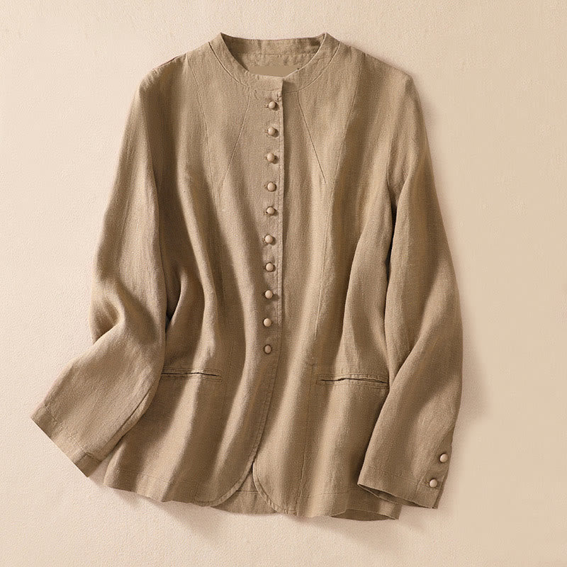 Chemise à manches longues en coton et lin Buddha Stones pour femme, col montant et poches - Tanné - US8-10，UK/AU12-14，EU40-42 (2XL) - image 22