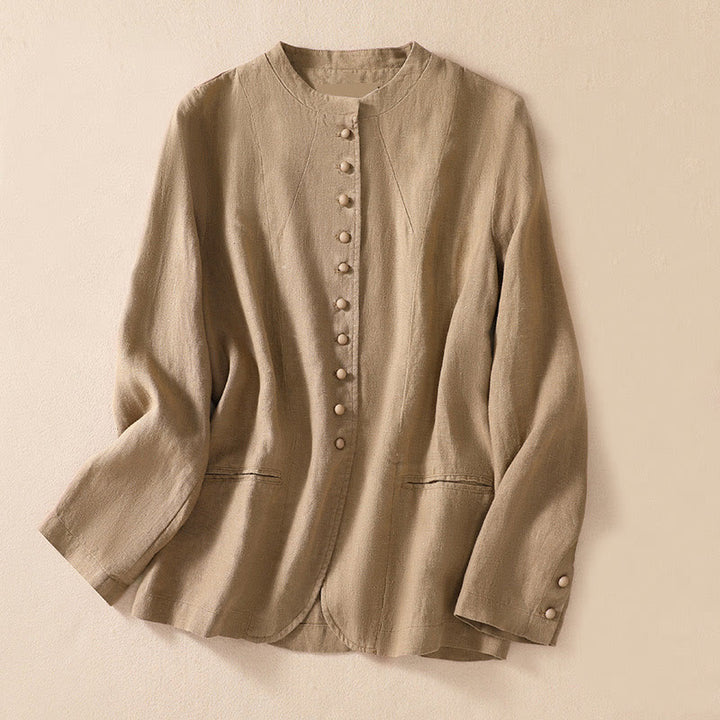 Chemise à manches longues en coton et lin Buddha Stones pour femme, col montant et poches - Tanné - US8-10，UK/AU12-14，EU40-42 (2XL) - image 22