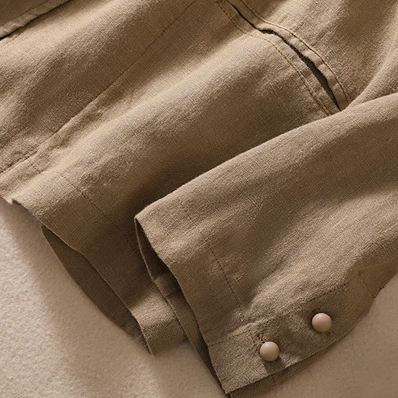 Chemise à manches longues en coton et lin Buddha Stones pour femme, col montant et poches - image 29