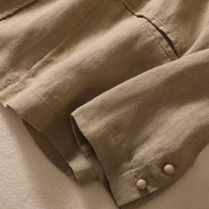 Chemise à manches longues en coton et lin Buddha Stones pour femme, col montant et poches - image 29