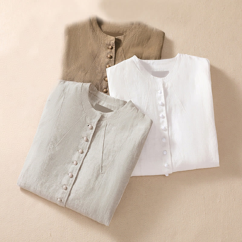 Chemise à manches longues en coton et lin Buddha Stones pour femme, col montant et poches - image 31