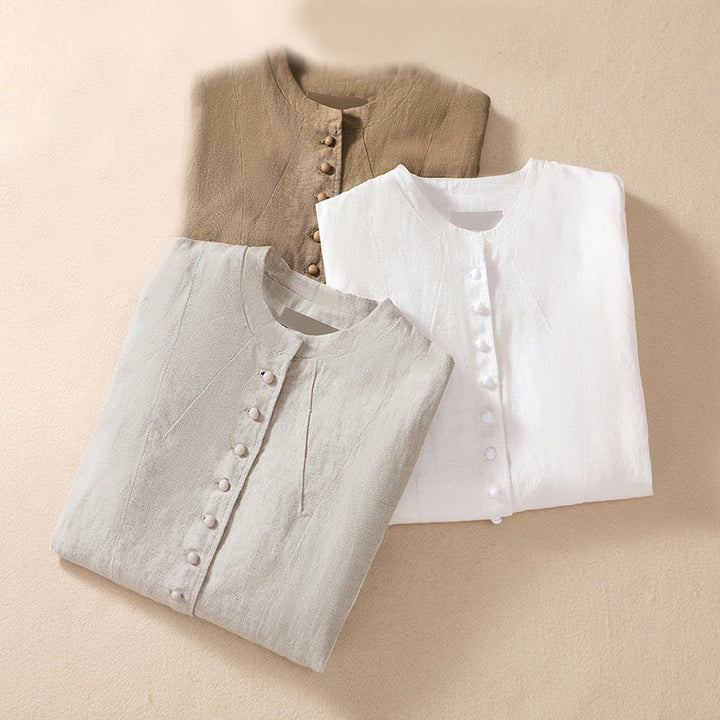 Chemise à manches longues en coton et lin Buddha Stones pour femme, col montant et poches - image 31