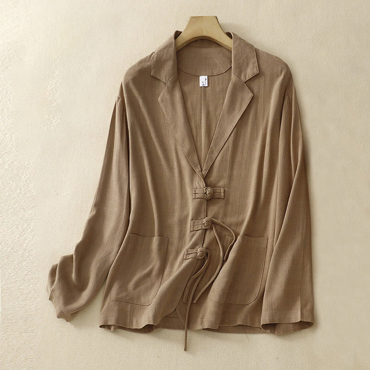 Veste à manches longues et poches pour femme Buddha Stones, en coton et lin, avec boutons grenouille - BurlyWood - US12，UK/AU16，EU44 (2XL) - image 0