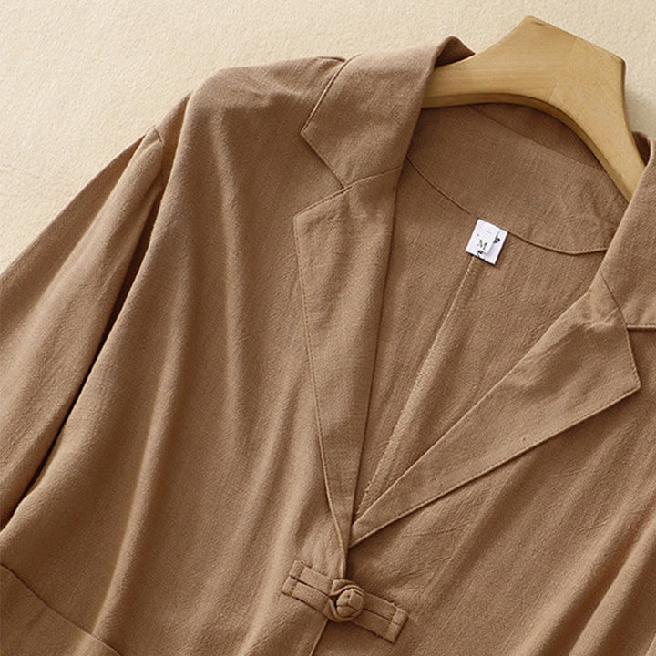 Veste à manches longues et poches pour femme Buddha Stones, en coton et lin, avec boutons grenouille - image 1