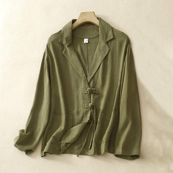 Veste à manches longues et poches pour femme Buddha Stones, en coton et lin, avec boutons grenouille - Olive - US12，UK/AU16，EU44 (2XL) - image 6