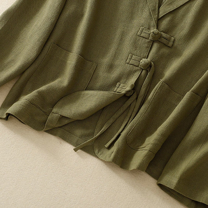 Veste à manches longues et poches pour femme Buddha Stones, en coton et lin, avec boutons grenouille - image 11