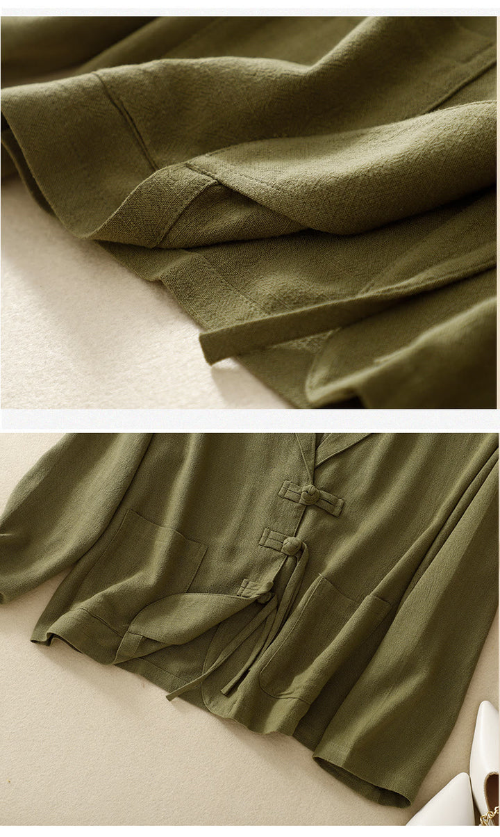 Veste à manches longues et poches pour femme Buddha Stones, en coton et lin, avec boutons grenouille - image 12