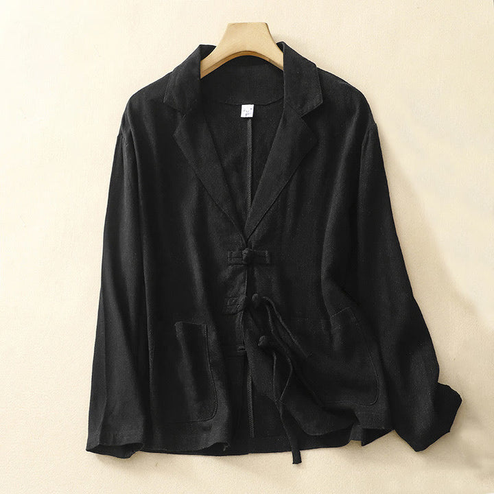 Veste à manches longues et poches pour femme Buddha Stones, en coton et lin, avec boutons grenouille - Noir - US12，UK/AU16，EU44 (2XL) - image 13