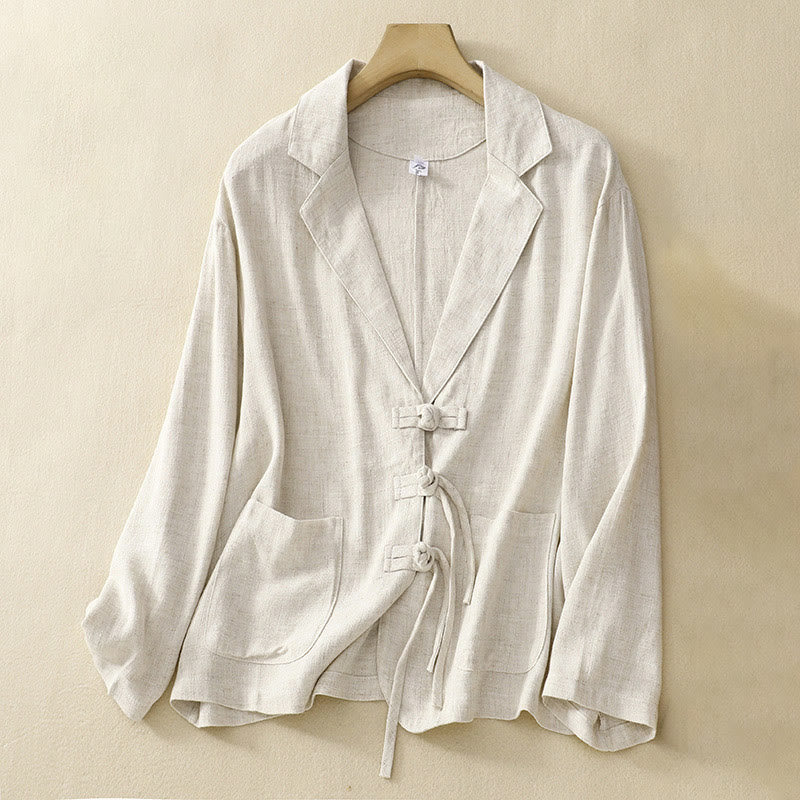 Veste à manches longues et poches pour femme Buddha Stones, en coton et lin, avec boutons grenouille - FloralBlanc - US12，UK/AU16，EU44 (2XL) - image 18