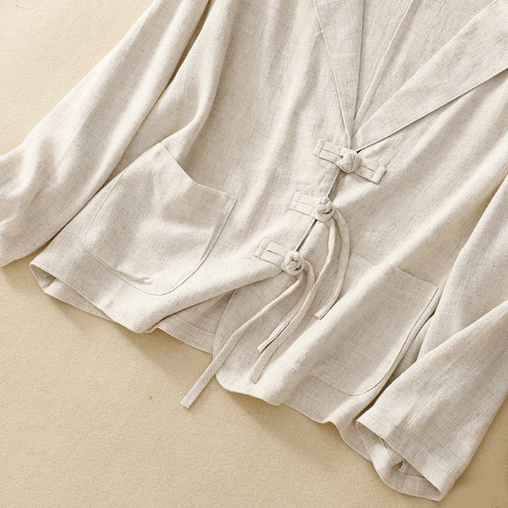 Veste à manches longues et poches pour femme Buddha Stones, en coton et lin, avec boutons grenouille - image 25