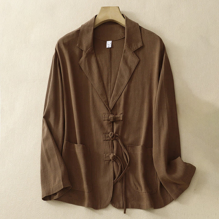 Veste à manches longues et poches pour femme Buddha Stones, en coton et lin, avec boutons grenouille - Terre de sienne - US12，UK/AU16，EU44 (2XL) - image 26