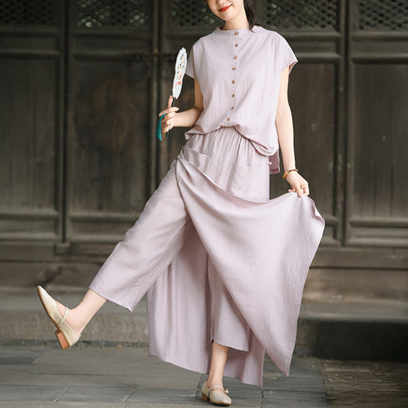 Ensemble 2 pièces pour femme, chemise à manches courtes, jupe et poches, motif Buddha Stones, en coton, idéal pour la méditation - Chemise rose clair et jupe rose-marron - US8-10，UK/AU12-14，EU40-42 (2XL) - image 0