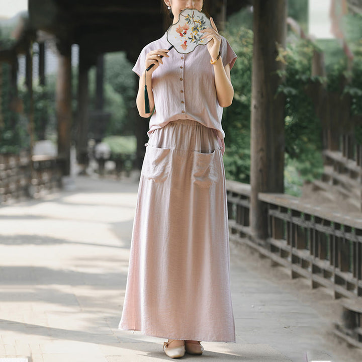 Ensemble 2 pièces pour femme, chemise à manches courtes, jupe et poches, motif Buddha Stones, en coton, idéal pour la méditation - image 8