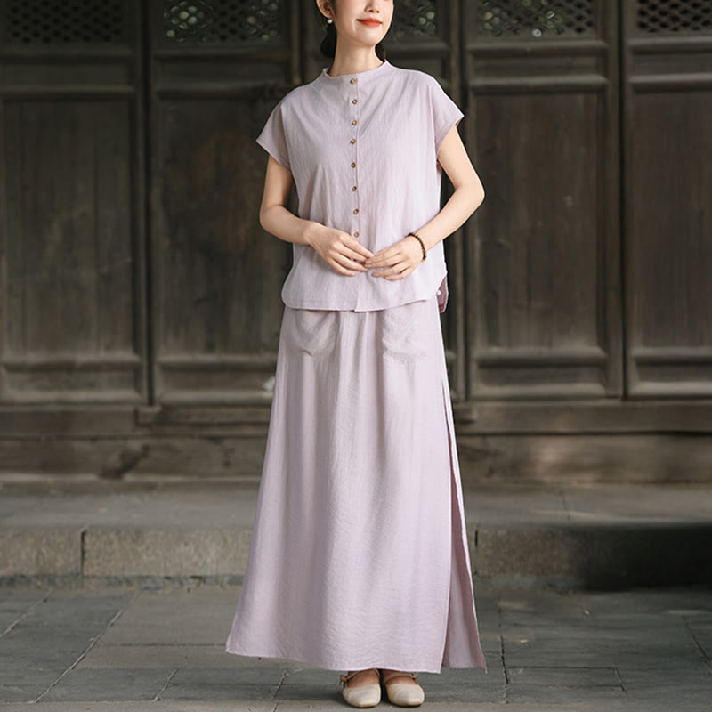 Ensemble 2 pièces pour femme, chemise à manches courtes, jupe et poches, motif Buddha Stones, en coton, idéal pour la méditation - image 1