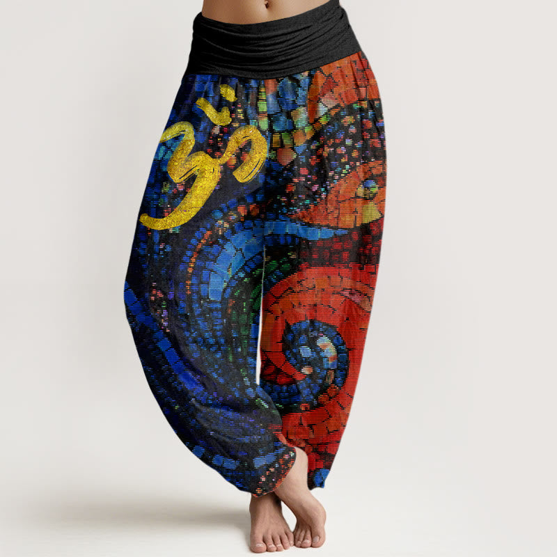 Pantalon sarouel décontracté à taille élastique pour femme, motif mosaïque de symboles Om dorés, Buddha Stones - Noir - US22，UK/AU26，EU54 (6XL) - image 1