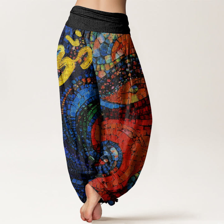 Pantalon sarouel décontracté à taille élastique pour femme, motif mosaïque de symboles Om dorés, Buddha Stones - image 1