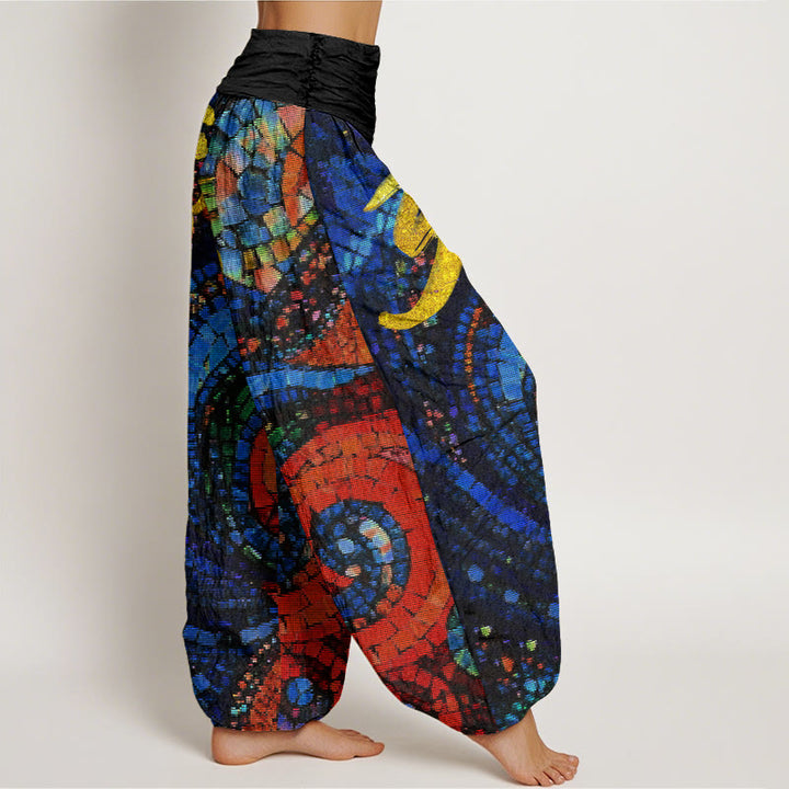 Pantalon harem femme en coton décontracté à taille élastique, orné de Buddha Stones et d'un motif mosaïque doré Om. - image 2