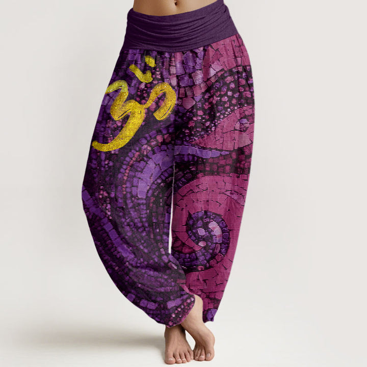 Pantalon sarouel décontracté à taille élastique pour femme, motif mosaïque de symboles Om dorés, Buddha Stones - Magenta foncé - US22，UK/AU26，EU54 (6XL) - image 5