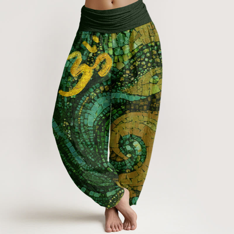 Pantalon sarouel décontracté à taille élastique pour femme, motif mosaïque de symboles Om dorés, Buddha Stones - Vert forêt - US22，UK/AU26，EU54 (6XL) - image 7