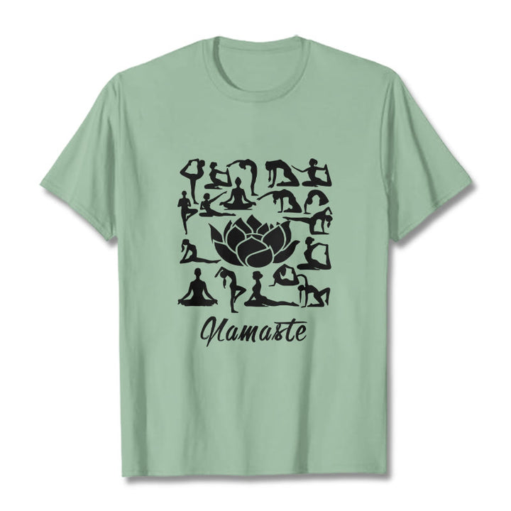 T-shirt décontracté à motifs de fleurs de lotus et de Buddha Stones, diverses postures de yoga - Vert pâle - 2XL - image 15