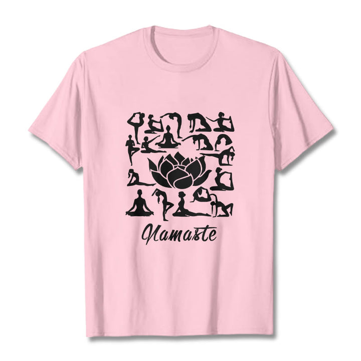 T-shirt décontracté à motifs de fleurs de lotus et de Buddha Stones, diverses postures de yoga - Rose clair - 2XL - image 13