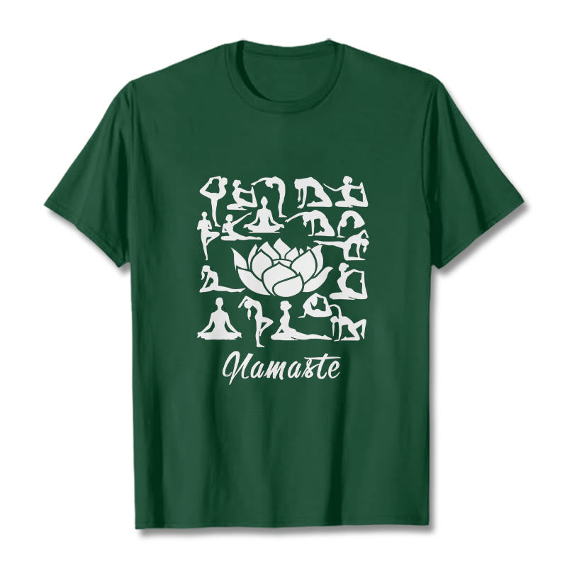 T-shirt décontracté à motifs de fleurs de lotus et de Buddha Stones, diverses postures de yoga - Forêt Verte - 2XL - image 1