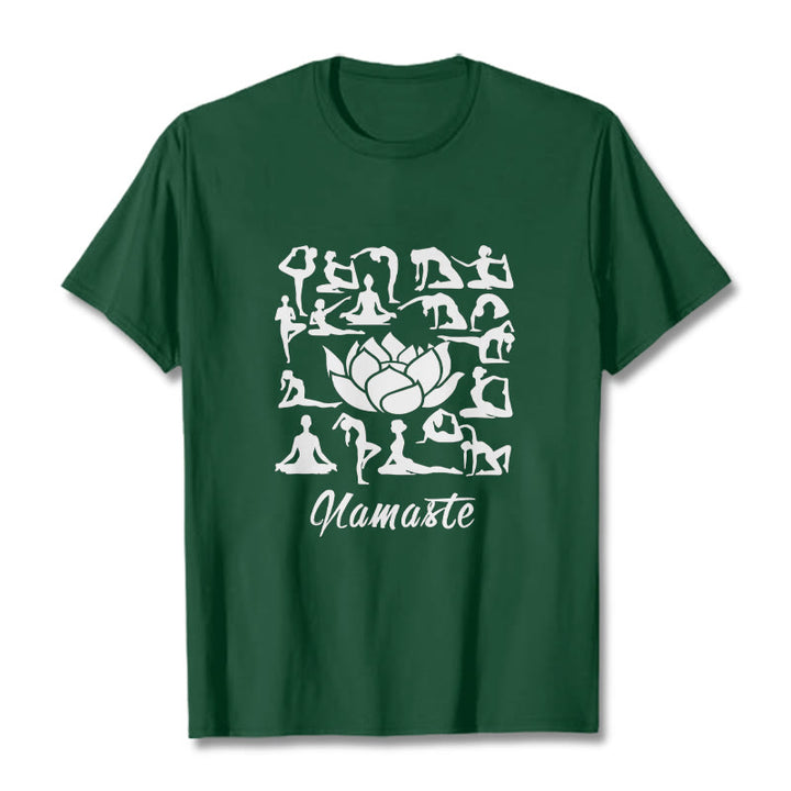 T-shirt décontracté à motifs de fleurs de lotus et de Buddha Stones, diverses postures de yoga - Forêt Verte - 2XL - image 1