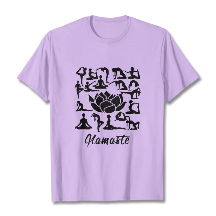 T-shirt décontracté à motifs de fleurs de lotus et de Buddha Stones, diverses postures de yoga - Prune - 2XL - image 17