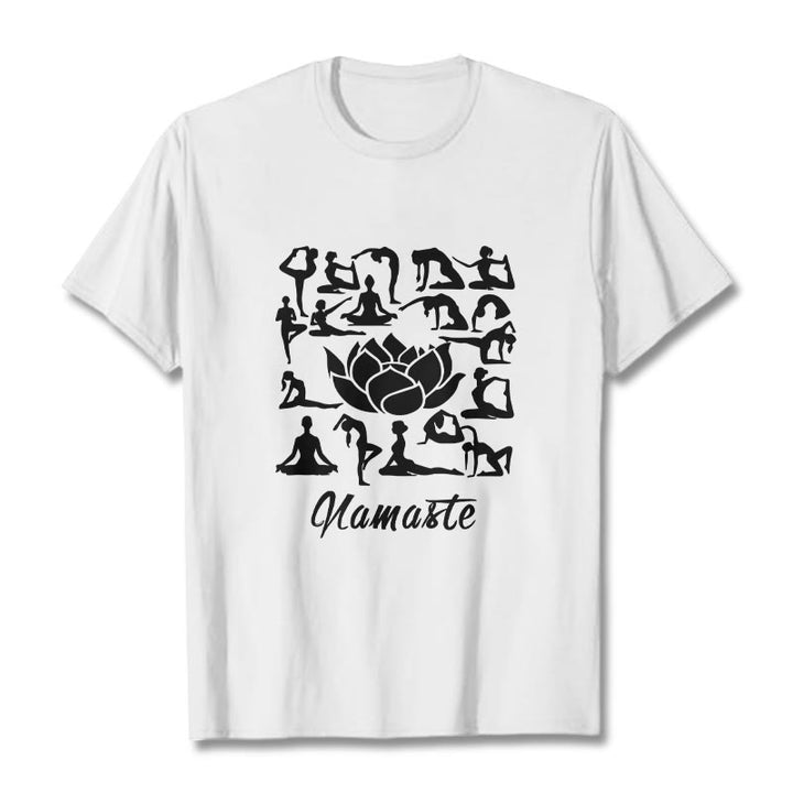 T-shirt décontracté à motifs de fleurs de lotus et de Buddha Stones, diverses postures de yoga - Blanc - 2XL - image 8