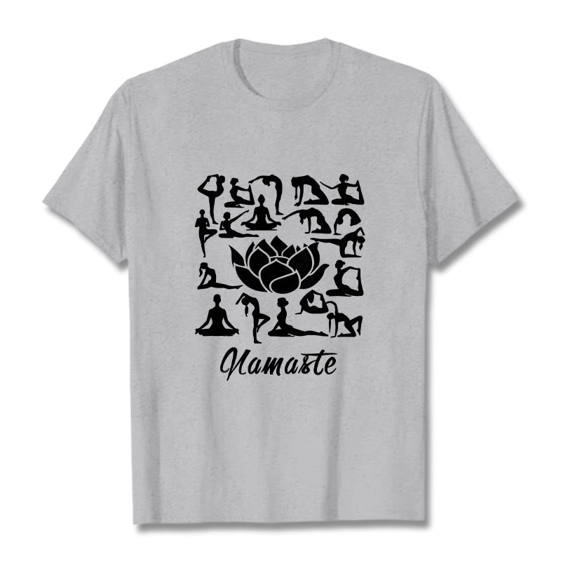 T-shirt décontracté à motifs de fleurs de lotus et de Buddha Stones, diverses postures de yoga - Gris clair - 2XL - image 20